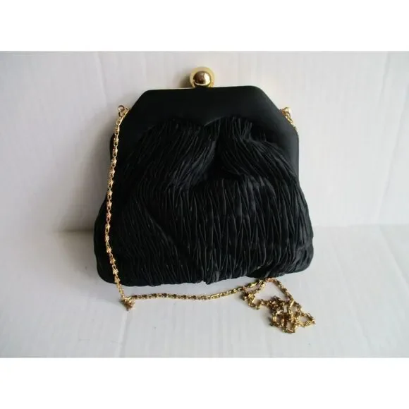 Shals Vintage Black Peau de Soie Clutch Pleated Evening Bag w Chain Strap - Picture 7 of 8